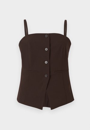 Tmavě hnědý bezrukávový top s knoflíky a tenkými ramínky, s mírně rozpjatým lemem na bílém pozadí.