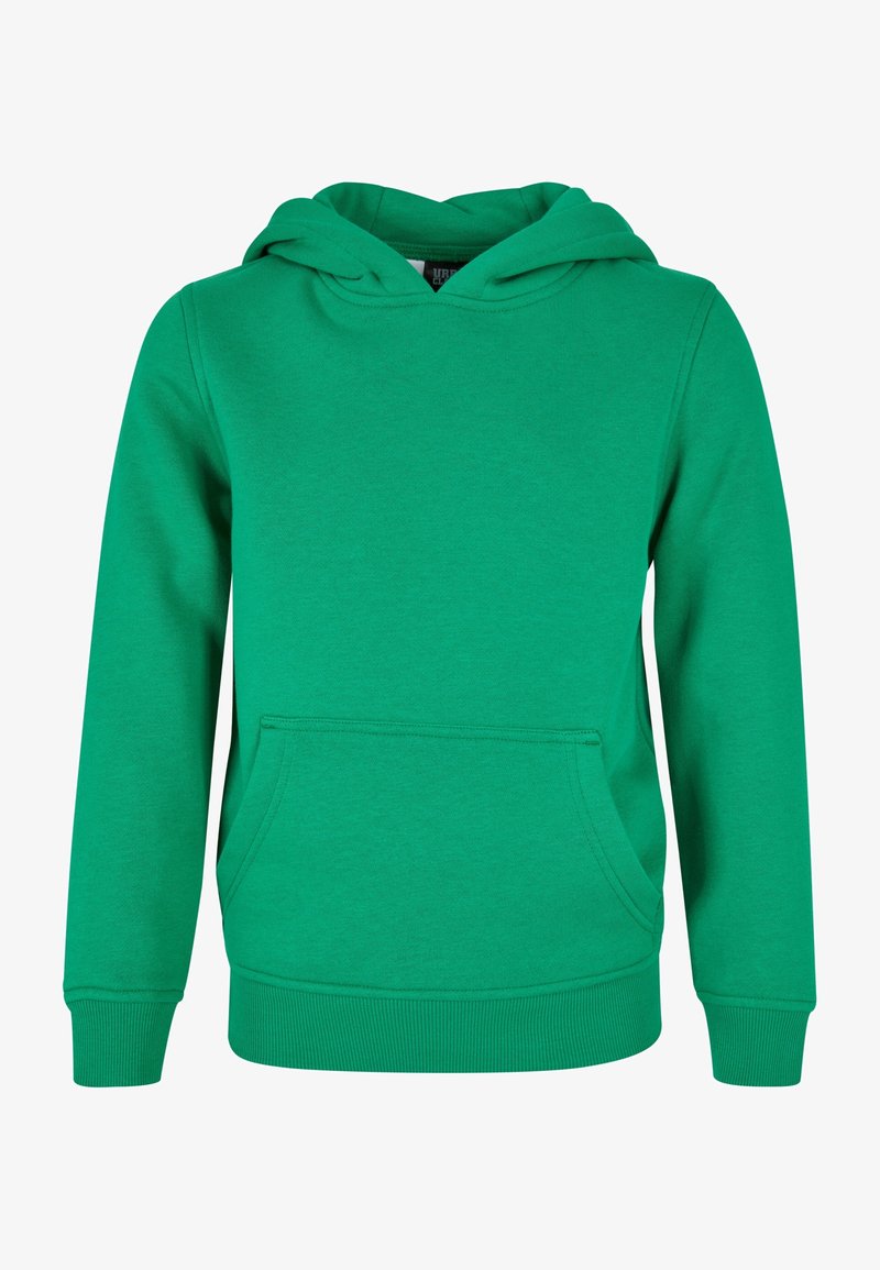 Hoodie en coton vert avec une poche frontale, des poignets côtelés et une capuche à double couche. Texture lisse, design à enfiler et coupe standard.