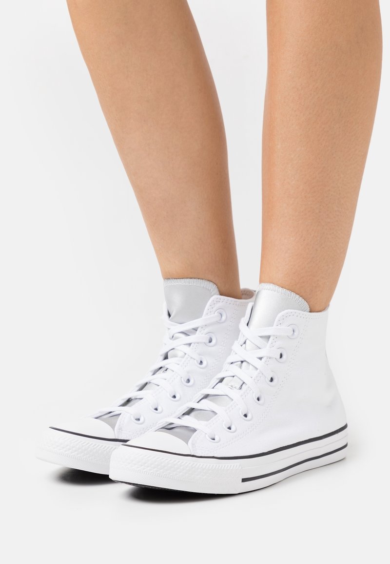 Baskets montantes en toile blanche avec lacets blancs et semelles en caoutchouc rayées noires, portées sur jambes nues sur un fond uni.