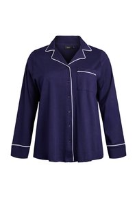 Maglietta da pigiama blu navy con maniche lunghe, chiusura a bottoni sul davanti e piping bianco lungo il colletto, tasca e polsini. Tessuto morbido e leggero.