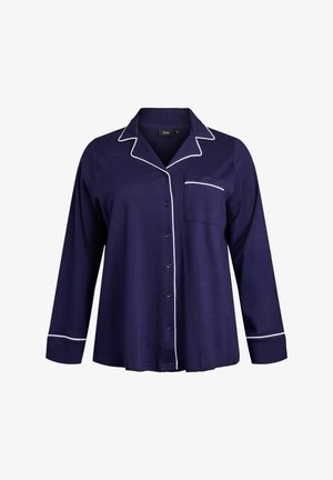 Navyblaues Schlafshirt mit langen Ärmeln, Knopfleiste und weißen Paspeln entlang des Kragens, der Tasche und der Manschetten. Weicher, leichter Stoff.