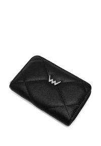 Black quilted leather wallet with a silver logo accent on the front, featuring a zip closure and textured surface.