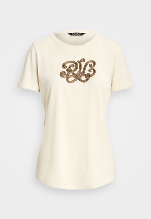 T-shirt pour femme à manches courtes de couleur crème avec col rond et logo "RL" brun orné brodé sur la poitrine.