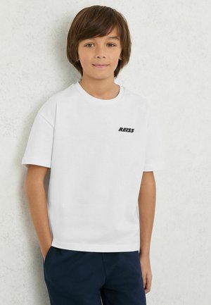 Wit katoenen T-shirt met korte mouwen, ronde hals en een klein zwart "REISS" logo op de borst. Eenvoudig ontwerp, losse pasvorm.