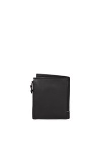 Portafoglio in pelle nera con design a bi-fold, caratterizzato da una zip argentata e dettagli di cucitura sottili. Texture liscia e forma compatta.