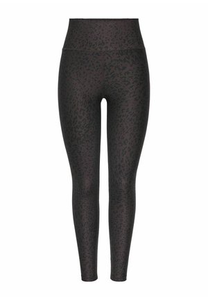 Leggings noirs taille haute avec de subtiles taches léopard foncées et un design lisse et ajusté s'étendant jusqu'aux chevilles.