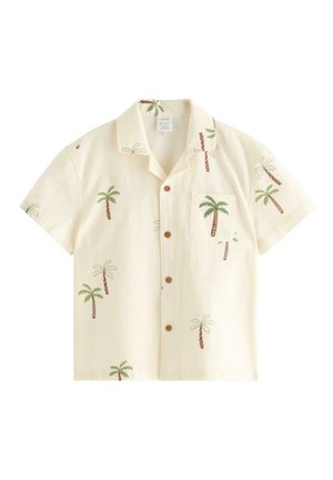 Chemise beige à manches courtes avec boutons, imprimés de palmiers verts et marron, avec une poche poitrine.