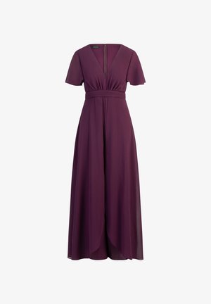 Lilla lang kjole i let stof har V-hals, korte ærmer, tætsiddende talje og en svajende nederdel med baglynlås.