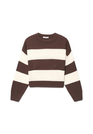 Maglione a righe marrone e bianco con maniche lunghe e scollo rotondo, disteso su uno sfondo bianco.