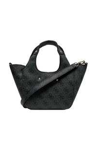 Bolso de mano negro texturizado con dos asas, correa de hombro desmontable y un sutil patrón de logotipos repetidos.