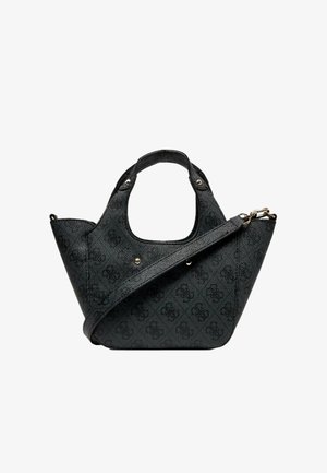 Borsa nera a texture con due manici, tracolla removibile e un sottile motivo a logo ripetuto.