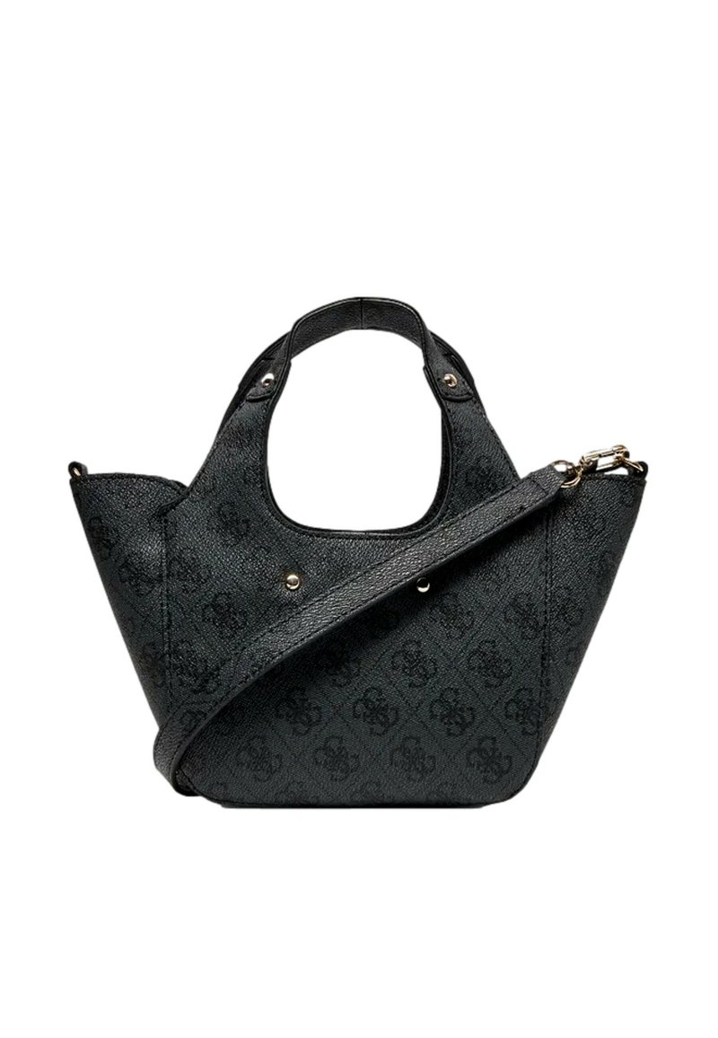 Bolso de mano negro texturizado con dos asas, correa de hombro desmontable y un sutil patrón de logotipos repetidos.