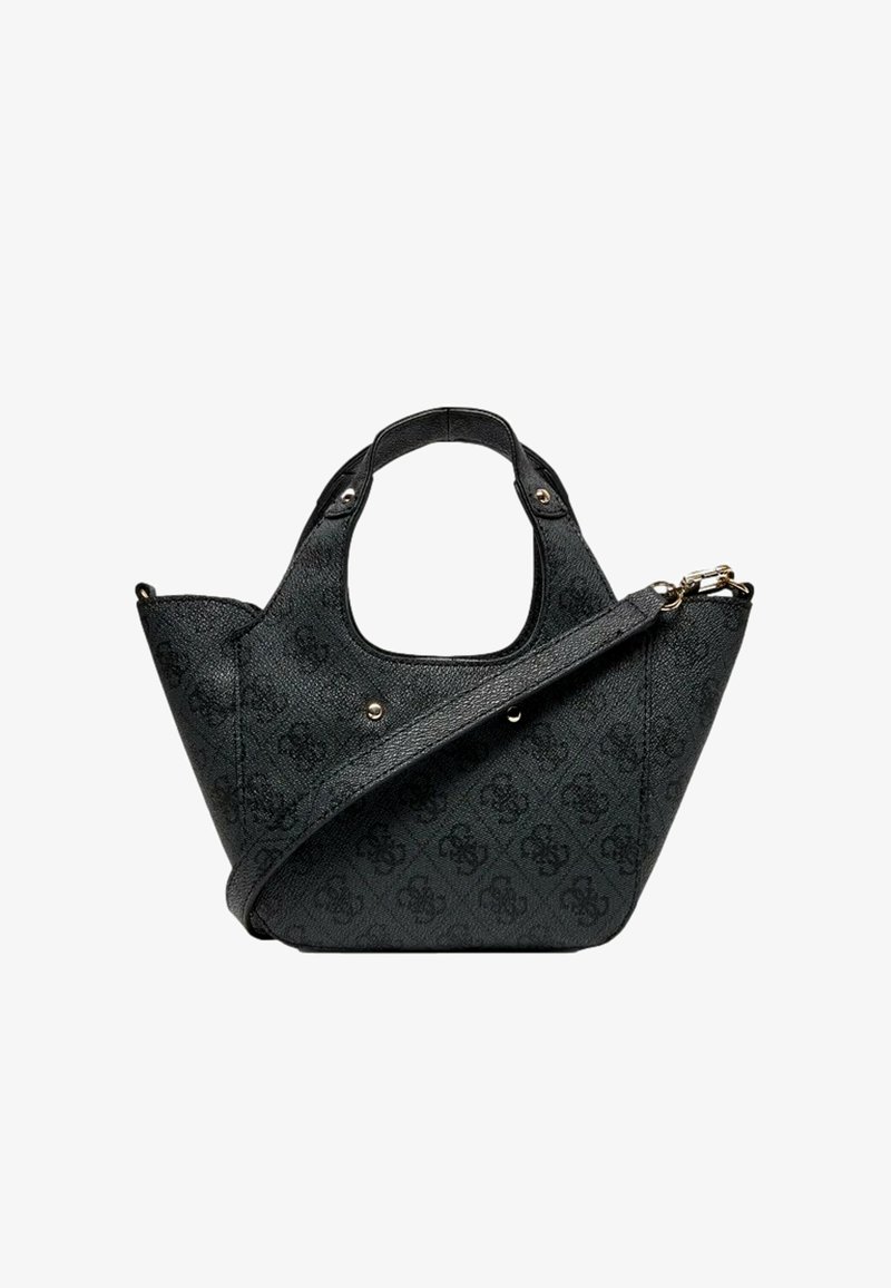 Bolso de mano negro texturizado con dos asas, correa de hombro desmontable y un sutil patrón de logotipos repetidos.