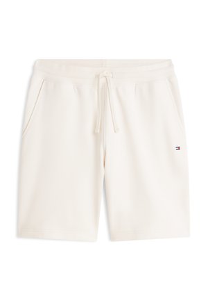 Crèmewitte korte broek van zachte stof, met een elastische tailleband met trekkoord, twee zijzakken en een klein logodetail.