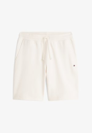 Crèmewitte korte broek van zachte stof, met een elastische tailleband met trekkoord, twee zijzakken en een klein logodetail.