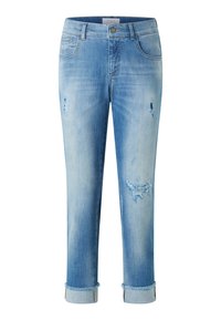 Hellblaue Jeans im lässigen Schnitt, mit ausgefranzten Patches, umgeschlagenen Säumen und einem vorderen Knopfverschluss. Klassisches Fünf-Taschen-Design.