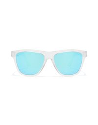 Transparente Acetat-Sonnenbrille mit blaufarbenen Gläsern, kantigem Design und strapazierfähigem Rahmen, der minimalistische Akzente aufweist.