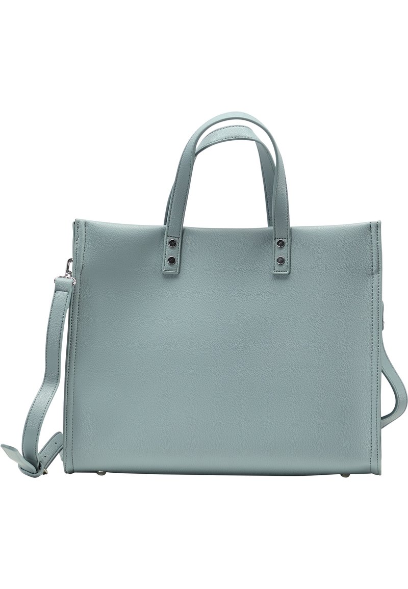 Jasnoniebieska skórzana torba tote z górnymi uchwytami, odpinanym paskiem na ramię i minimalistycznym wzornictwem. Teksturowana powierzchnia bez widocznych wzorów.