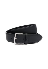 Cinturón de cuero negro texturizado con una hebilla de metal plateada, que presenta un lazo y múltiples agujeros para ajustes. Logo de la marca grabado en el cuero.