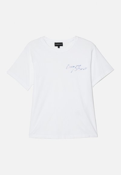 Weißes Baumwoll-T-Shirt mit kurzen Ärmeln, Rundhalsausschnitt und blauer gestickter Schrift auf der Brust. Schlichte, lässige Passform.