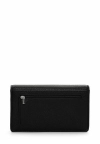 Black leather wallet with a textured finish, featuring a zippered pocket on the front and a rectangular shape with clean lines.