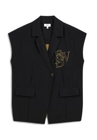 Czarna bezrękawnik z klapami, dwoma przednimi kieszeniami i złotym haftowanym monogramem "FSW" po lewej stronie. Zapięcie na guziki z przodu.