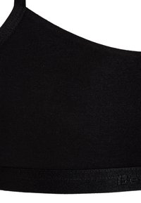 Svart sports-bh med sømløst design, laget av myk, elastisk stoff. Har en elastisk band nederst med merkevare.