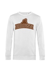 Witte sweatshirt met lange mouwen, met een bruine berenlogo en de tekst "BROWN" in een vet gedrukte lettertype over de borst. Zachte stoftextuur.