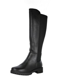 Bota negra hasta la rodilla con suela gruesa, parte delantera de cuero suave y panel trasero de tela elástica.