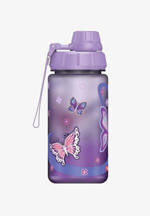 Purple plastic water bottle with a translucent finish, featuring butterfly and flower designs, and a grey lid with a carrying loop.
