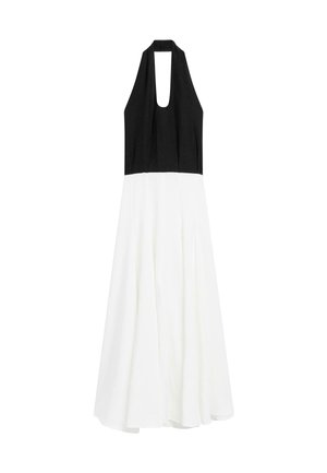 Ärmelloses schwarzes Halterkleid mit tiefem V-Ausschnitt und fließendem weißen Rock, der bis zur Knöchellänge reicht.