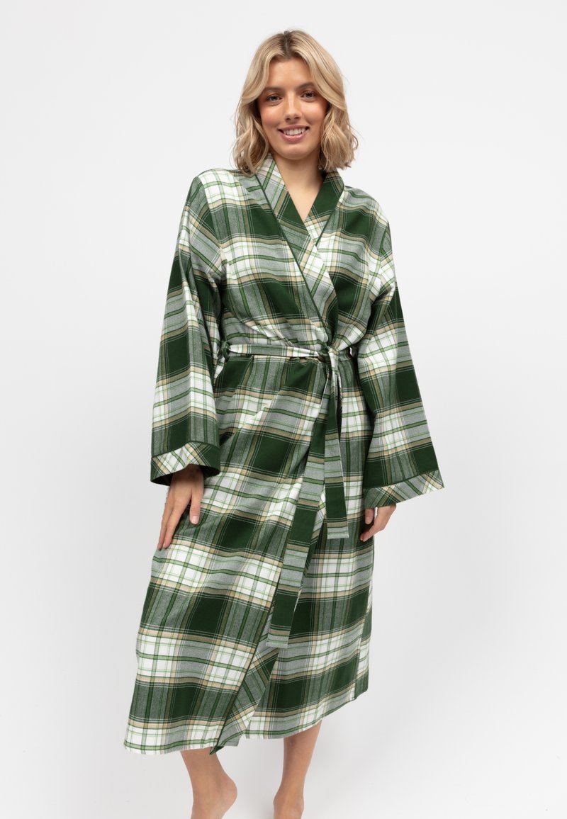 Robe a quadri verde con design avvolgente, maniche lunghe e cintura annodata. Realizzato in tessuto morbido, presenta accenti bianchi e grigi nel motivo.