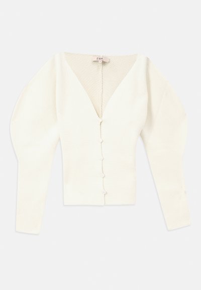 Λευκό πλεκτό cardigan με βαθύ V-λαιμό, μακριά μανίκια και μια σειρά από πέντε διακοσμητικά κουμπιά μπροστά. Απαλή υφή και εφαρμοστή σχεδίαση.