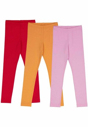 Drei Paar Leggings in Rot, Orange und Pink. Hergestellt aus weichem, dehnbarem Stoff mit elastischen Taillengummis und slim-fit Passform.
