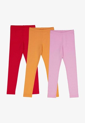 Drei Paar Leggings in Rot, Orange und Pink. Hergestellt aus weichem, dehnbarem Stoff mit elastischen Taillengummis und slim-fit Passform.