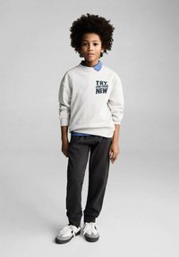 Ljusgrå sweatshirt med texten "FÖRSÖK NÅGOT NYTT", lager över en blå skjorta med krage; svarta byxor med sidofickor; vita sneakers.