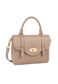 Borsa a mano in pelle beige con forma strutturata, manico superiore, tracolla rimovibile, hardware dorato e dettagli cuciti sui bordi.