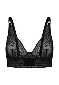 Czarna koronkowa braletka w kształcie trójkąta, z regulowanymi ramiączkami, falbaniastymi krawędziami oraz zapięciem na haftkę z tyłu.