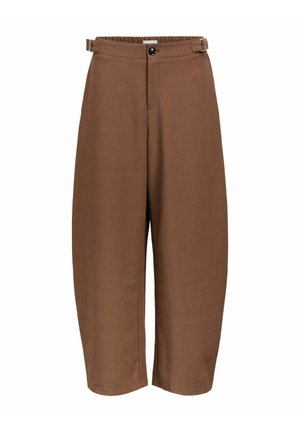 Hnědé krajkové kalhoty s vysokým pasem, s bočními přezkami, zapínáním na knoflík a širokými rovnými nohavicemi.