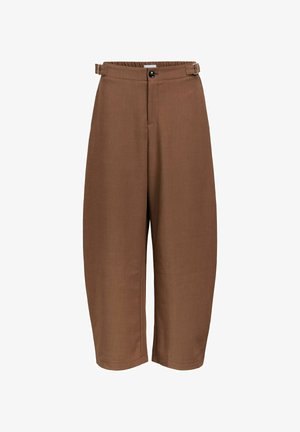 Brūnas augstās jostas kroptas bikses ar sānu sprādzēm, pogu aizdari un plašiem taisniem diegiem.
