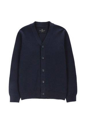 Granatowy, dziergany sweter na guziki z dekoltem w serek, pięć guzików z przodu, ściągacze na rękawach i dole, zaprojektowany dla dziecka.