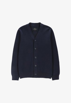 Granatowy, dziergany sweter na guziki z dekoltem w serek, pięć guzików z przodu, ściągacze na rękawach i dole, zaprojektowany dla dziecka.