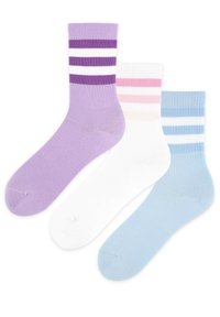 Skarpetki w paski w kolorze lawendowym, białym z różowymi paskami oraz jasnoniebieskim. Żebrowane mankiety, gładka faktura i zróżnicowane kolory pasków.