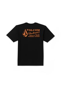 Sort kortærmet t-shirt med orange grafisk tekst og logo for Volcom Workwear, der fremhæver kvalitet og holdbarhed.