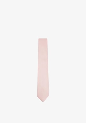 Corbata de hombre rosa claro con textura y punta clásica en forma de pico, mostrada plana sobre un fondo blanco.