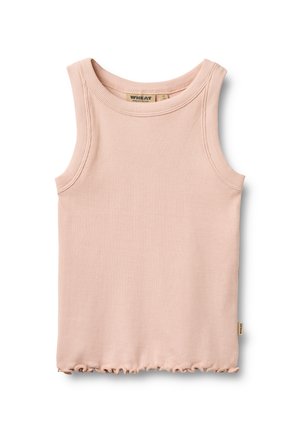 Canotta senza maniche a coste di colore rosa chiaro per bambini, con scollo rotondo e orlo arricciato, etichettata con il marchio Wheat.