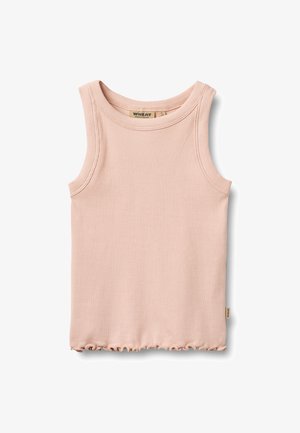 Lichtroze geribde mouwloze tanktop voor kinderen met een ronde hals en een frivool zoom, met het label van het merk Wheat.