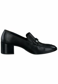 Chaussure en cuir noir à talon bloc, avec un bout arrondi et un détail de boucle décorative sur le empeigne. Texture lisse et design minimaliste.