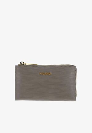 Portefeuille texturé gris avec fermeture éclair, arborant un logo doré "PICARD" à l'avant et une finition lisse. Forme rectangulaire compacte.