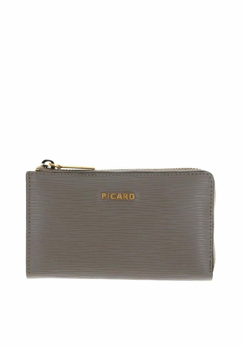 Portefeuille texturé gris avec fermeture éclair, arborant un logo doré "PICARD" à l'avant et une finition lisse. Forme rectangulaire compacte.